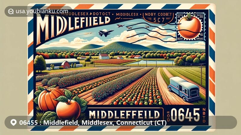 Modern illustration of Middlefield, Middlesex, Connecticut, highlighting agricultural richness with orchards and pumpkin fields, set against the backdrop of Metacomet Ridge featuring Higby Mountain and Besek Mountain.