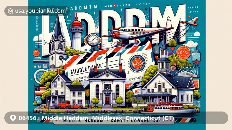 Modern illustration of Middle Haddam, Middlesex County, Connecticut, highlighting postal theme with ZIP code 06456, featuring historic district, Connecticut River, and state flag.