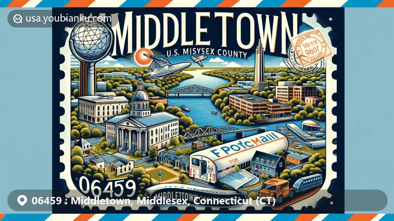 Modern illustration of Middletown, Middlesex County, Connecticut, featuring postal theme with ZIP code 06459, showcasing key landmarks and cultural symbols of the area.