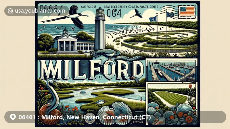 Modern illustration of Milford, Connecticut, showcasing Connecticut Audubon Society Coastal Center and Milford Green, with prominent '06461' ZIP code, postcard and stamp elements, highlighting the city's coastal beauty and cultural heritage.