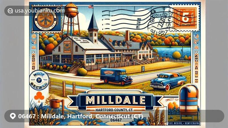 Modern illustration of Milldale, Hartford County, Connecticut, highlighting Kinsmen Brewery and postal theme with vintage stamp, Milldale postmark, and American mailbox.