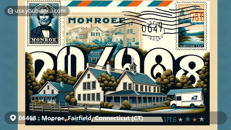 Vintage airmail envelope illustration for Monroe, Fairfield County, Connecticut, showcasing ZIP code 06468, featuring historic architecture, rolling hills, James Monroe stamp, and postal truck.