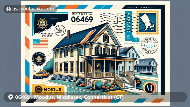 Modern illustration of Moodus, Middlesex, Connecticut, showcasing Amasa Day House from 1816 with industrial revolution influence, Connecticut state flag, Middlesex County map, and postal elements like stamps and ZIP code 06469.