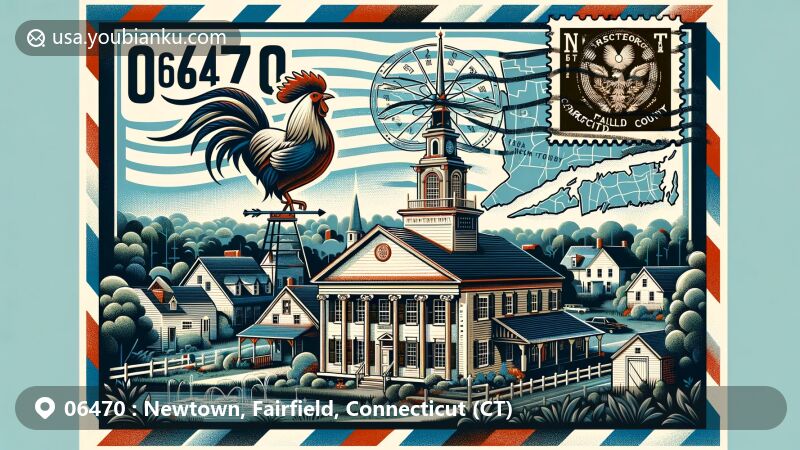 Vivid illustration of Newtown, Fairfield County, Connecticut, showcasing Hattertown Historic District, colonial architecture, rooster weathervane, and lush greenery, capturing rural charm.