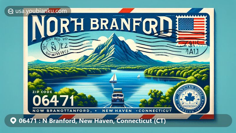 Vintage-style illustration of N Branford, New Haven, Connecticut, featuring Totoket Mountain, Lake Gaillard, Connecticut state flag, and postal theme with ZIP code 06471, including postal stamp and classic postal truck.