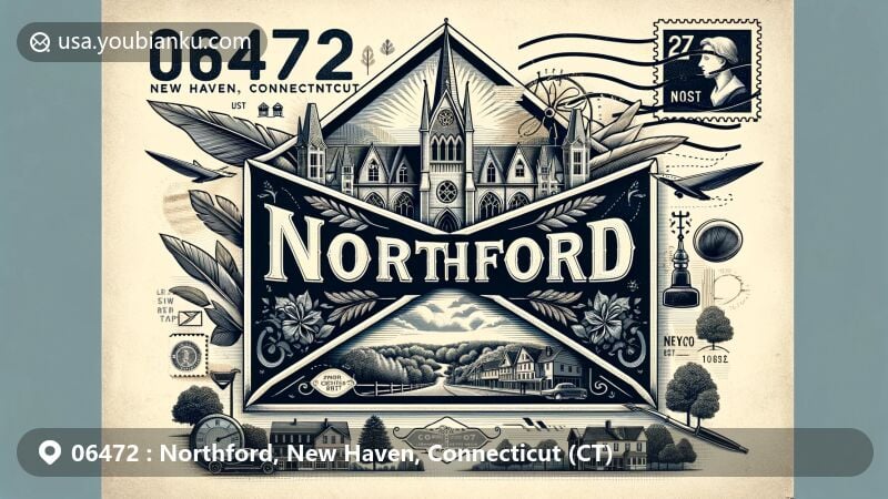 Illustration showcasing vintage airmail envelope theme with ZIP code 06472, featuring Northford's Gothic Revival architecture, parks, and postal motifs.