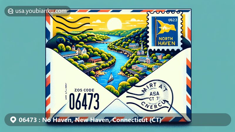 Modern illustration of North Haven, New Haven County, Connecticut, depicting iconic features inside a creatively opened airmail envelope, showcasing Quinnipiac River State Park, Todd's Pond Picnic Area, and Peter's Rock Park.