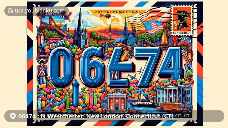 Modern illustration of N Westchester, New London, Connecticut, showcasing postal theme with ZIP code 06474, featuring Yale University, Pez candy dispenser, Revolutionary War elements, and a lighthouse representing maritime tradition.