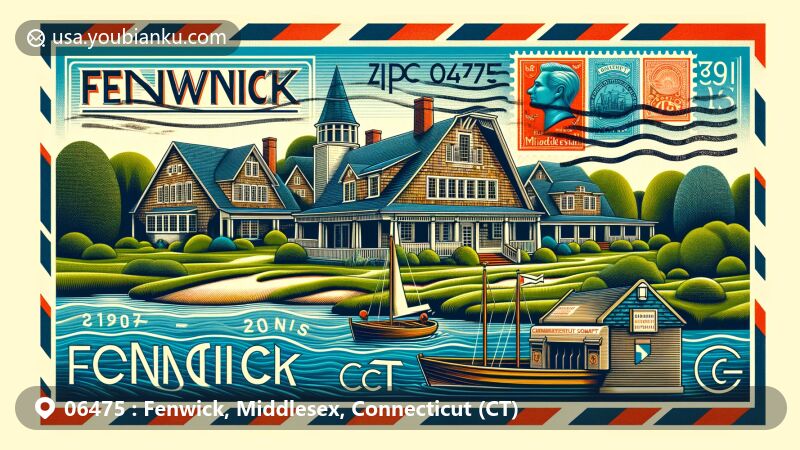 Modern illustration of Fenwick, Middlesex County, Connecticut, showcasing postal theme with ZIP code 06475, featuring Fenwick Historic District, Shingle-style architecture, Fenwick Golf Course, Connecticut River, and state symbols.