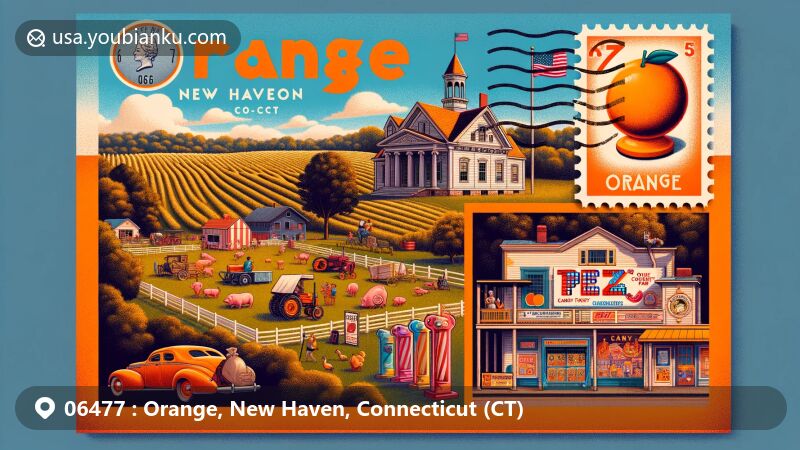 Modern illustration of Orange, New Haven, Connecticut, showcasing historic Stone-Otis House, Orange Country Fair with pig racing and classic car shows, and PEZ Candy factory, against backdrop of farmlands and Connecticut state flag, featuring '06477' ZIP code.