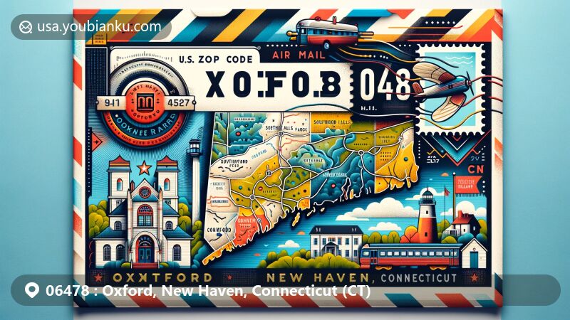 Modern illustration of Oxford, New Haven County, Connecticut, showcasing postal theme with ZIP code 06478, featuring Southford Falls State Park and Quaker Farms Historic District.