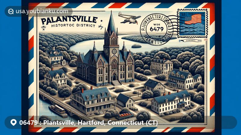 Modern illustration of Plantsville, Hartford, Connecticut, showcasing historic architecture in Greek Revival, Gothic Revival, Italianate, and Queen Anne styles, featuring Plantsville Congregational Church and Twichell/Ward House.