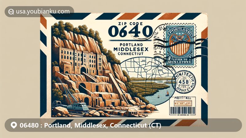 Modern illustration of Portland, Middlesex, Connecticut, showcasing vintage airmail envelope with ZIP code 06480, featuring Portland Brownstone Quarries and Connecticut state symbols.