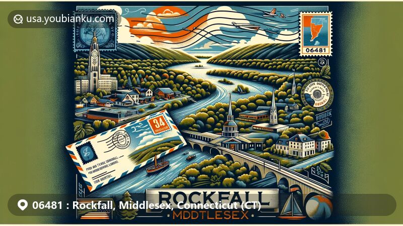 Modern illustration of Rockfall, Middlesex County, Connecticut, showcasing the natural beauty with Powder Ridge Ski Area and Wadsworth Falls State Park, featuring a postal theme with Connecticut River and ZIP code 06481.