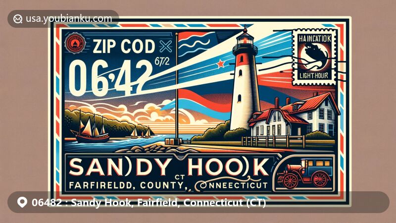 Modern illustration of Sandy Hook, Fairfield County, Connecticut, showcasing a postal theme with ZIP code 06482, featuring the Sandy Hook Lighthouse and postal elements like stamps, postmarks, and a vintage postal carriage.
