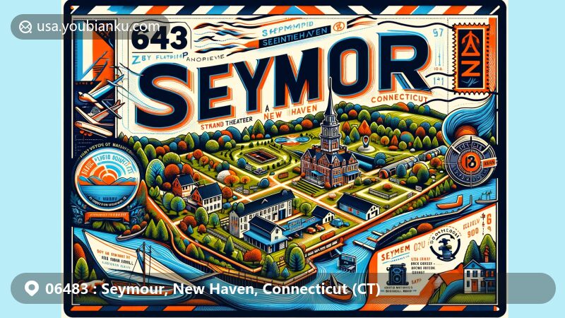Modern illustration of Seymour, New Haven, Connecticut, highlighting postal theme with ZIP code 06483, featuring Strand Theater, Great Hill Cemetery, and Osbornedale State Park.