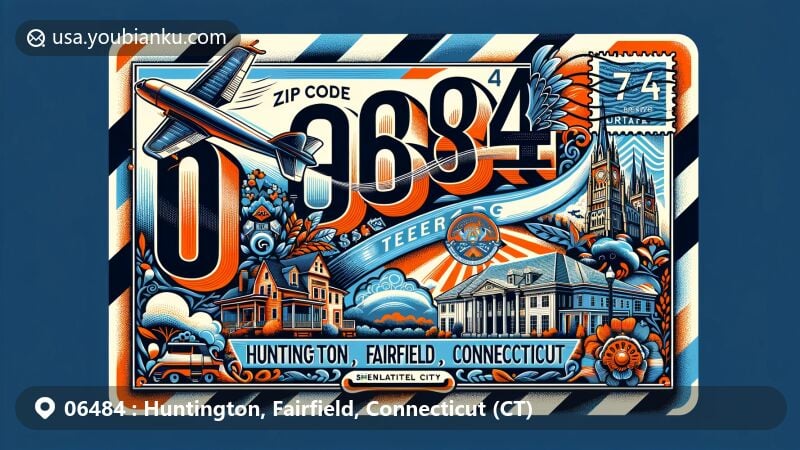 Vintage illustration of Huntington, Fairfield County, Connecticut, showcasing postal theme with ZIP code 06484, featuring iconic landmarks and symbols of the area.