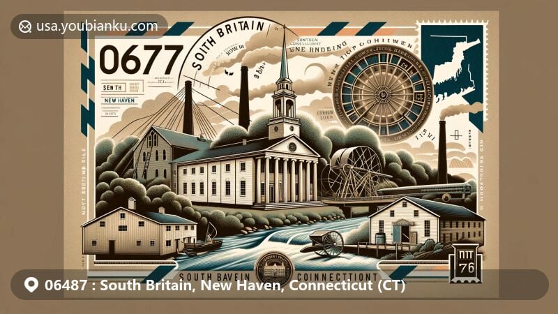 Vintage illustration of South Britain, New Haven, Connecticut, featuring iconic South Britain Congregational Church in Federal-style architecture, Pomperaug River, historic mills, and Italianate Southbury Town Hall.