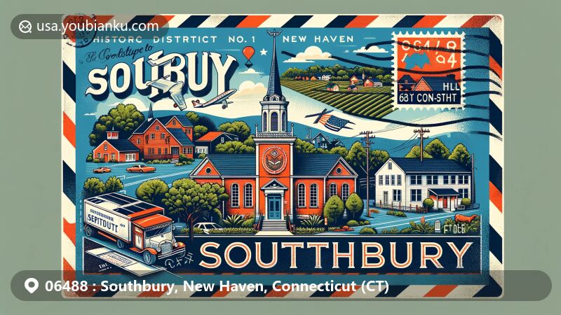 Modern illustration of Southbury, New Haven County, Connecticut, representing postal theme with ZIP code 06488, featuring historic village landscape and Connecticut state symbols.