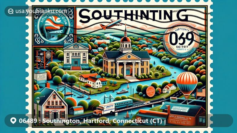 Modern illustration of Southington, Hartford County, Connecticut, featuring Barnes Museum, Plantsville Green, Quinnipiac River, Southington Apple Harvest Festival, and traditional postal elements, highlighting ZIP code 06489.