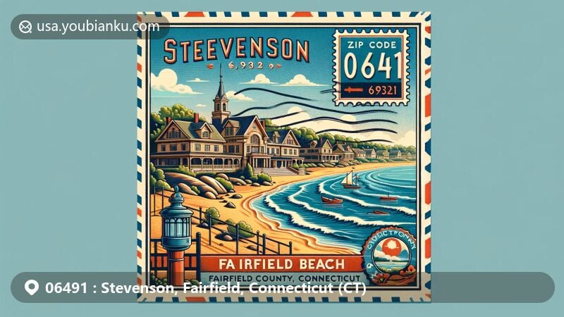 Modern illustration of Fairfield Beach, Stevenson area, Fairfield County, Connecticut, inspired by a 1932 historical postcard, framed in a stylized airmail envelope with ZIP code 06491 and iconic Pequot Library in Southport.