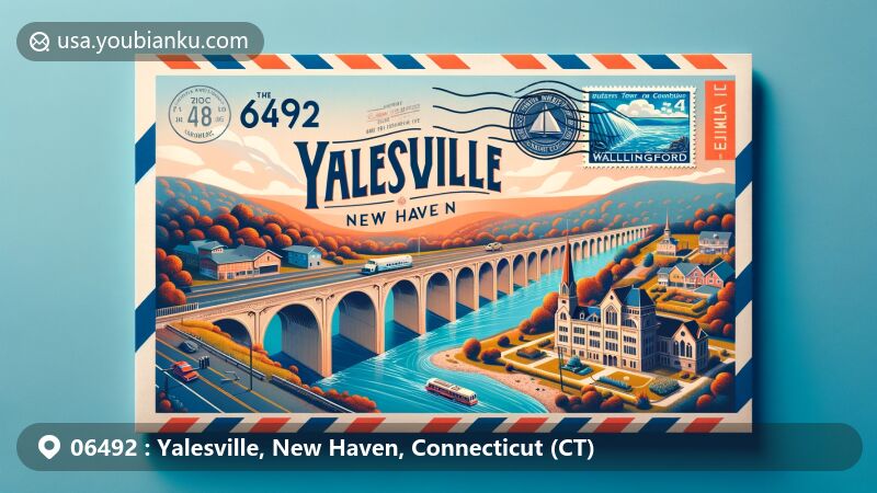 A modern illustration of Yalesville, New Haven, Connecticut, featuring a postal theme with ZIP code 06492, showcasing Quinnipiac River, historic Yalesville Underpass, and Wallingford Town Hall.