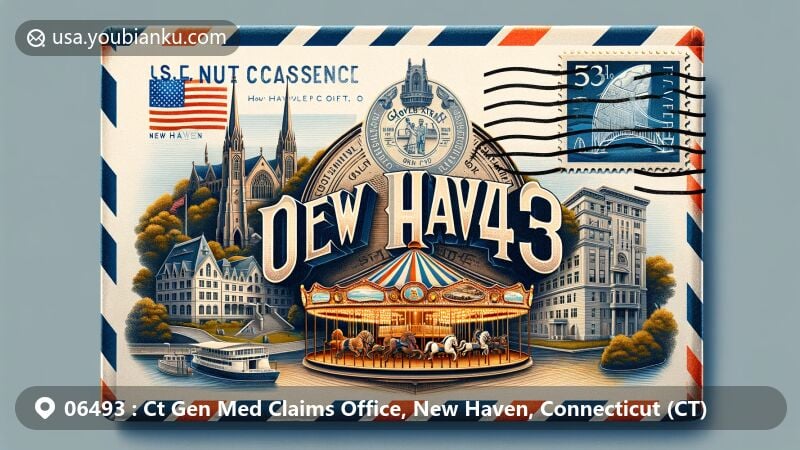Modern illustration of New Haven, Connecticut, showcasing postal theme with ZIP code 06493, featuring Ct Gen Med Claims Office and iconic landmarks like Yale University and Grove Street Cemetery.