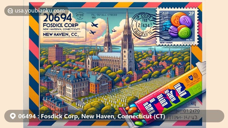 Modern illustration of New Haven, Connecticut, showcasing ZIP code 06494, featuring iconic Yale University buildings, Grove Street Cemetery, Pez Candy, and airmail theme.