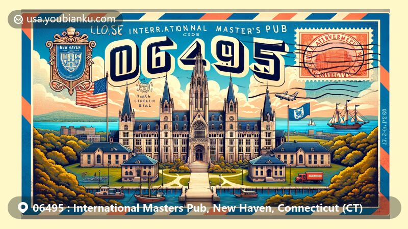 Modern illustration of New Haven, Connecticut, showcasing Yale University as the main landmark, surrounded by state symbols like the flag and Wadsworth Atheneum, with a soft scenic background and postal elements including ZIP code 06495.