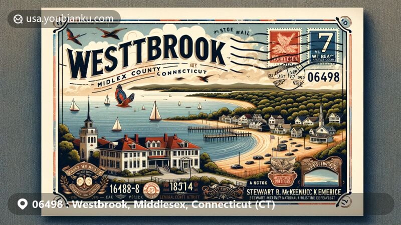 Modern illustration of Westbrook, Middlesex County, Connecticut, featuring seaside charm and vintage postal theme with ZIP code 06498, showcasing historic town center and natural beauty of Stewart B. McKinney National Wildlife Refuge.
