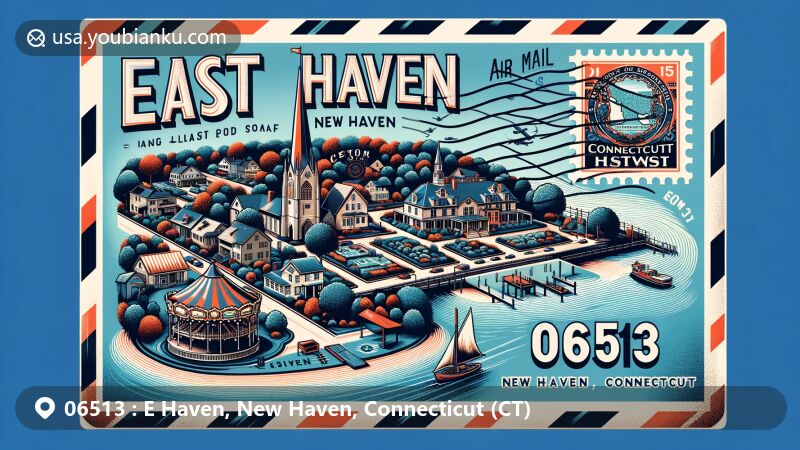Modern illustration of East Haven, New Haven, Connecticut, showcasing postal theme with ZIP code 06513, featuring iconic landmarks like Yale University, Grove Street Cemetery, and Lighthouse Point Park.
