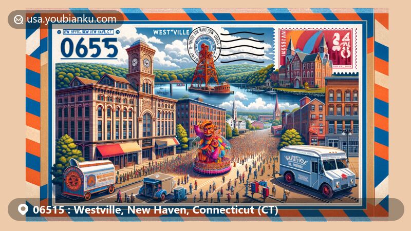 Modern illustration of Westville, New Haven, CT, capturing historical charm with 19th-century industrial architecture, vibrant GIANT Puppet Parade, and scenic West Rock, integrating postal theme with ZIP code 06515, showcasing Westville's artistry and cultural richness.