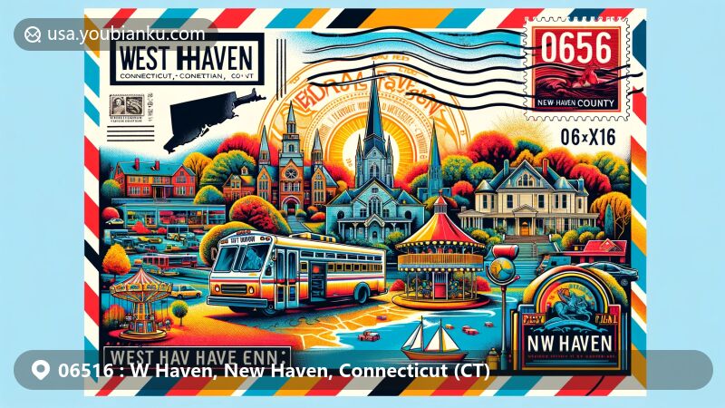 Vibrant illustration of West Haven in New Haven County, Connecticut, capturing postal essence with ZIP code 06516, featuring Yale University buildings, Grove Street Cemetery, and Carousel at Lighthouse Point Park.