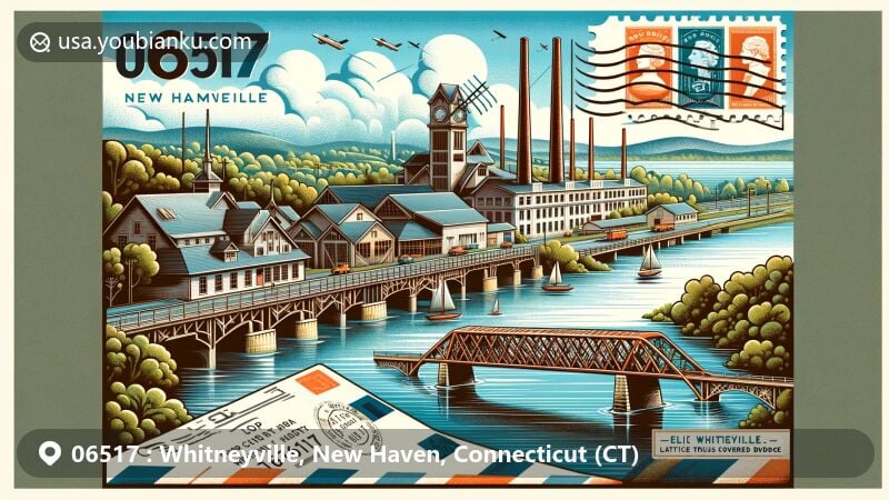 Modern illustration of Whitneyville, New Haven, Connecticut, featuring historic Eli Whitney Gun Factory, innovative lattice truss bridge from Eli Whitney Museum, and scenic Lake Whitney, along with vintage mail theme showcasing postal elements and ZIP code 06517.