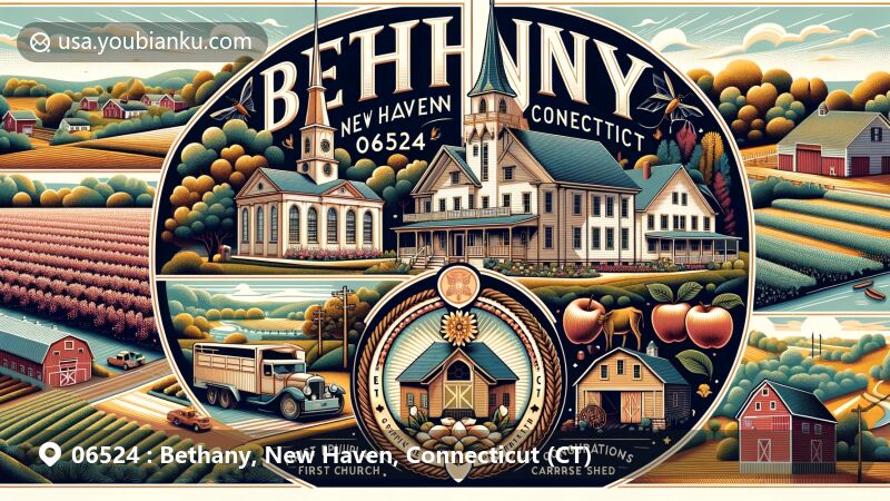 Modern illustration of Bethany, New Haven County, Connecticut, showcasing historic Old Bethany Town Hall, apple orchards, dairy farms, and picturesque rural landscape, along with town seal featuring Christ Episcopal Church and First Church of Christ Congregational.