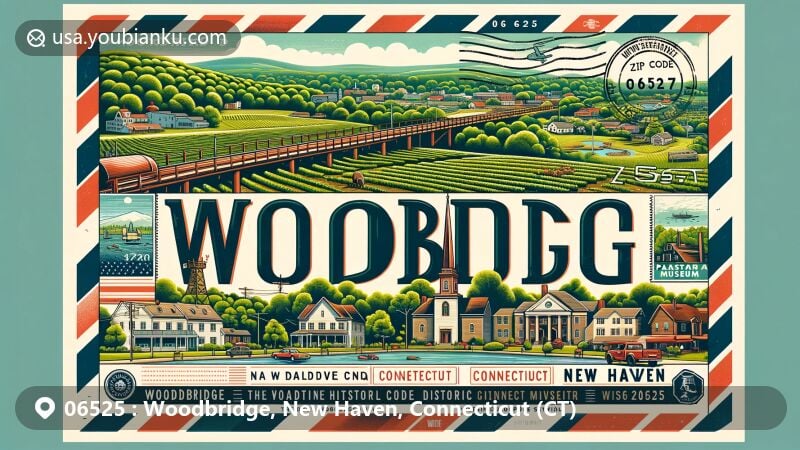 Modern illustration of Woodbridge, New Haven County, Connecticut, capturing the rural charm with rolling hills, lush countryside, vineyard, and the Palestine Museum, in a vibrant airmail postcard style featuring ZIP code 06525 and Connecticut state symbols.