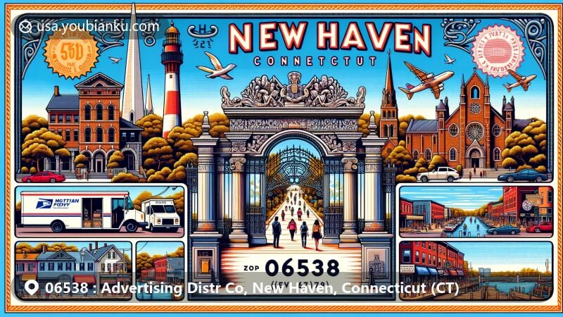 Modern illustration of New Haven, Connecticut, showcasing key landmarks like Five Mile Point Lighthouse, Grove Street Cemetery, historic Town Green, iconic churches, and Little Italy with Apizza-style pizzerias.