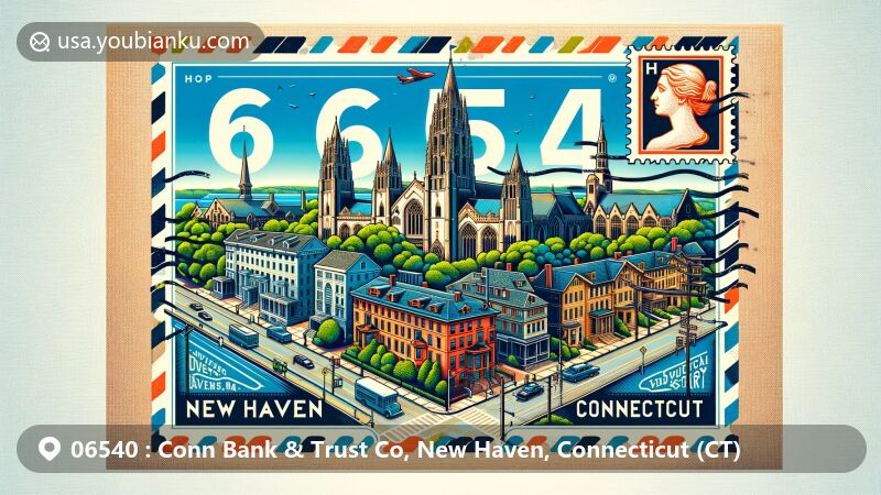 Modern illustration of New Haven, Connecticut, featuring iconic buildings of Yale University, urban scenery, and postal elements like a large stamp with '06540' and a postmark.