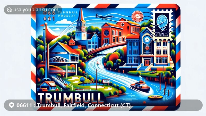 Vibrant illustration of Trumbull, Fairfield County, Connecticut, capturing the essence of postal theme with ZIP code 06611, featuring Pequonnock River, Trumbull Historical Society, Great River Golf Club, and Trumbull Shopping Park.