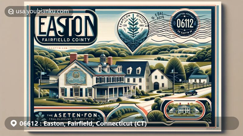 Modern illustration of Easton, Fairfield County, Connecticut, showcasing postal theme with ZIP code 06612, featuring Aspetuck Historic District, Helen Keller's house, and scenic countryside.