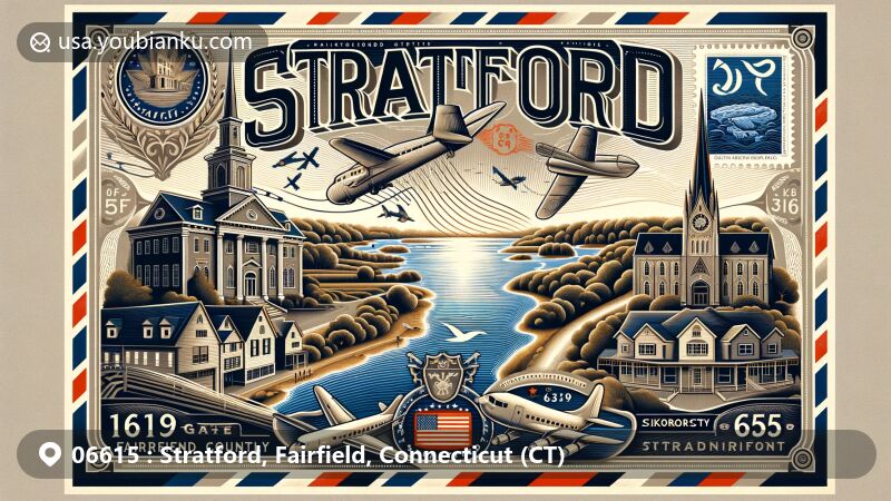 Modern illustration of ZIP code 06615 for Stratford, Fairfield County, Connecticut, featuring Long Island Sound, Housatonic River, historic architecture, Sikorsky Aircraft facility, Connecticut state flag, and airmail theme.