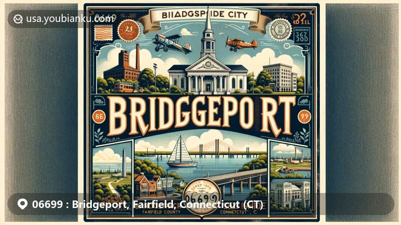 Vintage-style postcard showcasing Bridgeport, Fairfield, Connecticut, with ZIP code 06699, featuring First Church of Christ, Barnum Museum, Seaside Park, and industrial motifs.