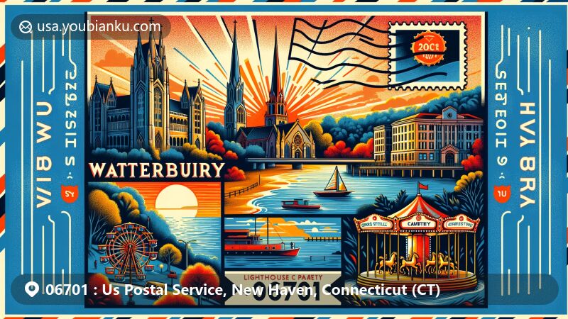 Modern illustration of Waterbury, Connecticut, featuring iconic Yale University buildings, tranquil Grove Street Cemetery, and charming carousel at Lighthouse Point Park, with postal elements like stamp, postmark, and ZIP code 06701.
