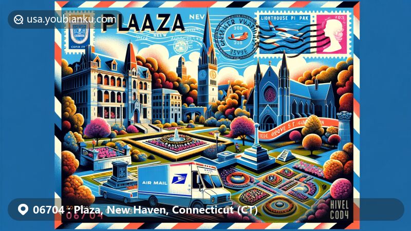 Modern illustration of Plaza area in New Haven, Connecticut, with ZIP code 06704, featuring iconic landmarks like Yale University, Grove Street Cemetery, Lighthouse Point Park, and Pardee Rose Gardens, all integrated with postal elements in an airmail envelope design.