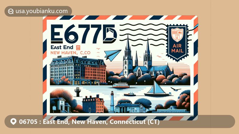 Modern illustration of East End, New Haven, Connecticut, presenting postal-themed airmail envelope with ZIP code 06705, featuring iconic Yale University buildings, historic New Haven Green, Grove Street Cemetery, and Lighthouse Point Park.