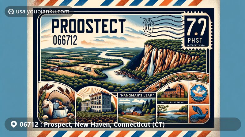 Modern illustration of Prospect, Connecticut, showcasing 'Hangman's Leap' rock formation, Hotchkiss Park, and symbols of city's agricultural history, featuring Connecticut state flag stamp and ZIP code 06712.