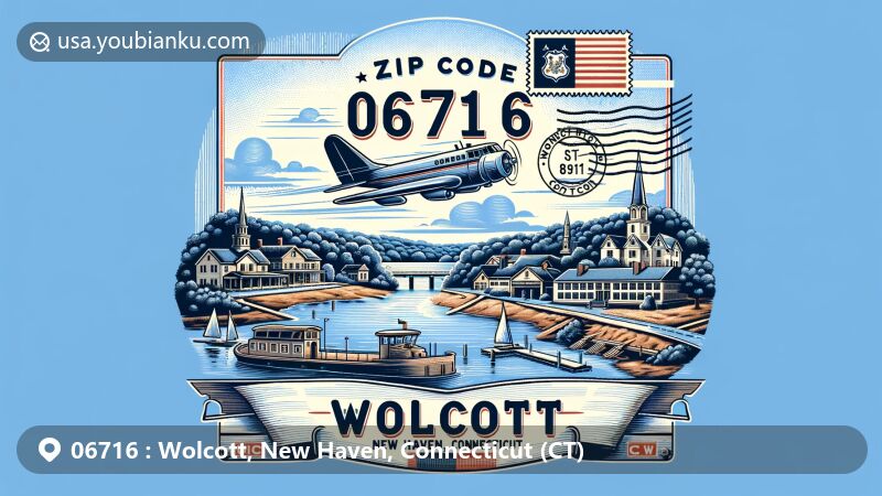 现代插图展示了康涅狄格州纽黑文县沃科特市的邮政编码06716，呈现老式航空邮件信封，上有Wolcott, CT，邮政编码06716，以及康涅狄格州州旗邮票和风景背景。