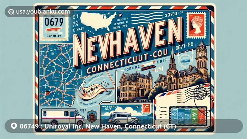 Modern illustration of Waterbury Uniroyal Inc in New Haven, Connecticut, showcasing vintage postcard layout with county map, state flag, and iconic landmark, along with classic airmail envelope design featuring ZIP code 06749, postage stamp, and postal elements.