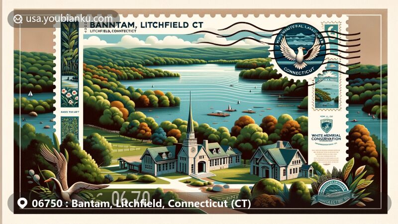 Modern illustration of Bantam area, Litchfield County, Connecticut, showcasing scenic Bantam Lake, White Memorial Conservation Center, and postal theme with ZIP code 06750.