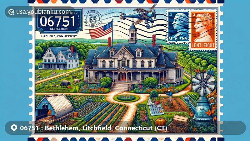Modern illustration of Bethlehem, Litchfield, Connecticut, capturing postal theme with ZIP code 06751, featuring Bellamy-Ferriday House & Garden and historic landmarks like Christ Episcopal Church and Bethlehem Green Historic District.